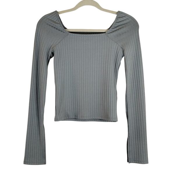E Madewell Light Craft Blue Ribbed Square Neck Crop Long Sleeve Tee Shirt NWT XS - Picture 1 of 12